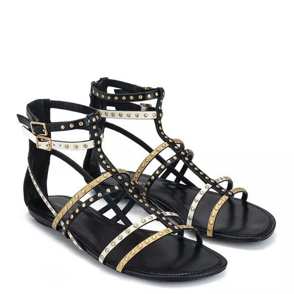Tory Burch $338 CAPRI GLADIATOR STUDDED SANDAL 3 Tone Leather Black Ivor… - Picture 3 of 9